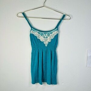 Delia’s Women's Teal Lace Trim Babydoll Tank Top Small Boho Summer Chic